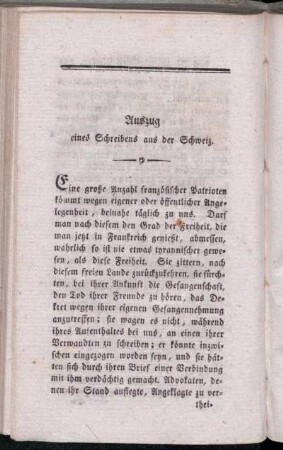 Auszug eines Schreibens aus der Schweiz