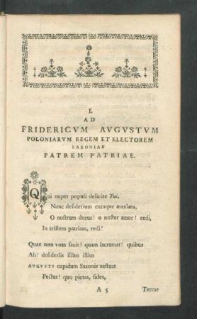 I. Ad Fridericvm Avgvstvm Poloniarvm Regem et Electorem Saxoniae Patrem Patriae.