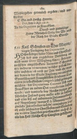 §. 12. Kais. Schreiben an Chur-Mayntz, wegen Verlegung der Deputation