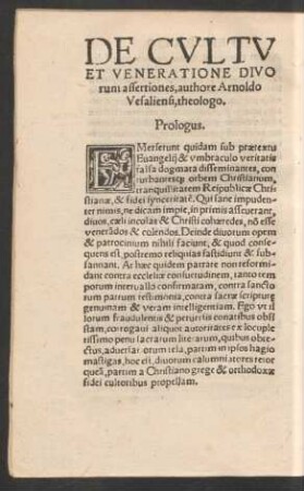 De Cultu Et Veneratione Divorum assertiones, authore Arnoldo Vesaliensis, theologo.