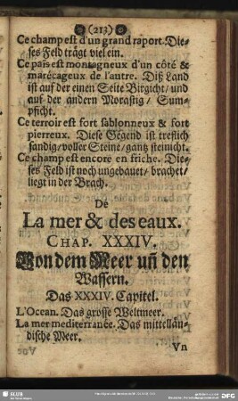 De La mer & des eaux. Chap. XXXIV. Von dem Meer un[d] den Wassern. Das XXXIV. Capitel