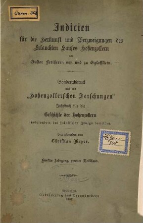 Indicien für die Herkunft und Verzweigungen des Erlauchten Hauses Hohenzollern
