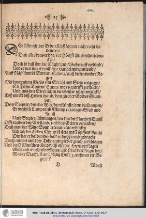 DEr Mensch der Erden Kloß kan nie nicht recht bedencken/...