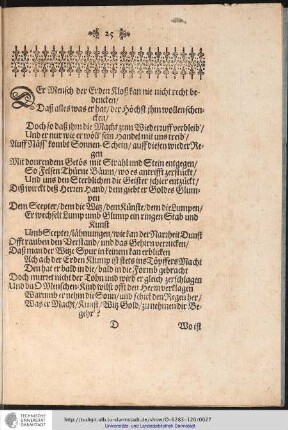 DEr Mensch der Erden Kloß kan nie nicht recht bedencken/...