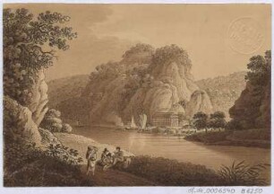 Ansicht von Herrnskretschen in der Böhmischen Schweiz, Radierung, um 1810 : Zingg, Adrian : [Ansicht von Hirniskretschen in der Böhmischen Schweiz] / [gefertigt von Adrian Zingg?]. - [S.l.] , [um 1810]. - 1 Kunstbl. : sepiagetönte Umrißradierung ; 15 x 10 cm