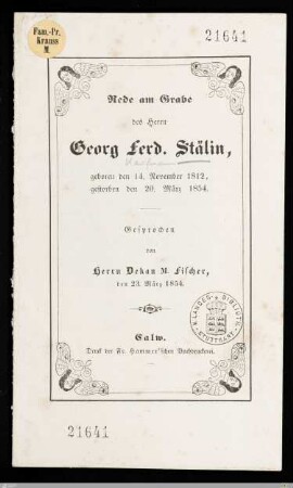 Rede am Grabe des Herrn Georg Ferd. Stälin : geboren den 14. November 1812, gestorben den 20. März 1854