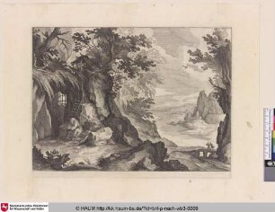 [Landschaft mit lesendem Einsiedler in einer Höhle; Landscape with reading Hermit; Kluizenaar in landschap]