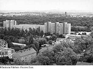 Dresden. Panorama-Aufnahme 14 vom Baukran am Fetscherplatz. Blick über Stübelallee und Großen Garten nach Süden mit Turm der Christuskirche Strehlen