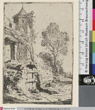 [Verfallener Eingang vor einer Treppe, dahinter ein sechseckiger Turm; The house near the hexagoned tower]