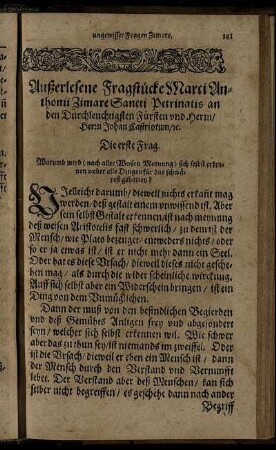 Außerlesene Fragstücke Marci Anthonii Zimare Sancti Petrinatis an den Durchleuchtigsten Fürsten ... Johan Castriotum