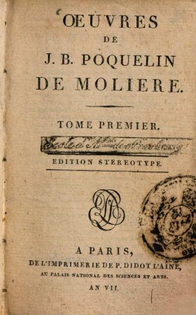 Oeuvres de J. B. Poquelin de Molière. 1