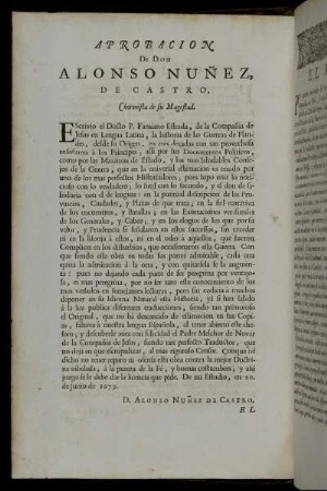 Aprobacion De Don Alonso Nunez De Castro.