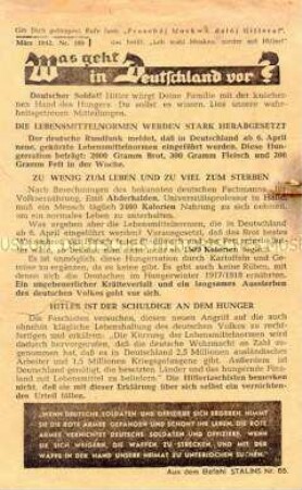 Sowjetisches Abwurf-Flugblatt mit der Aufforderung, sich zu ergeben (Reihe "Was geht in Deutschland vor?")