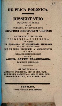 De plica Polonica : dissertatio inauguralis medica