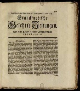 Num. XCI. Freytags den 14. Nov. 1749 - Num. C. Dienstags den 16. Dec. 1749