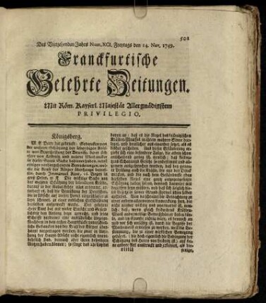 Num. XCI. Freytags den 14. Nov. 1749 - Num. C. Dienstags den 16. Dec. 1749