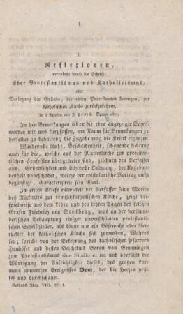 1-10 Reflexionen, veranlaßt durch die Schrift: Ueber Protestantismus und Katholicismus, oder Darlegung der Gründe, die einen Protestanten bewogen, zur katholischen Kirche zurückzukehren