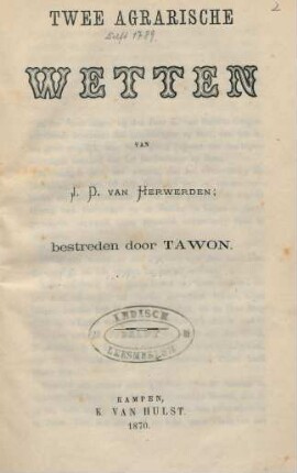 Twee agrarische wetten van J. D. van Herwerden