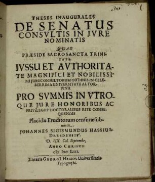 Theses Inaugurales De Senatus Consultis In Iure Nominatis