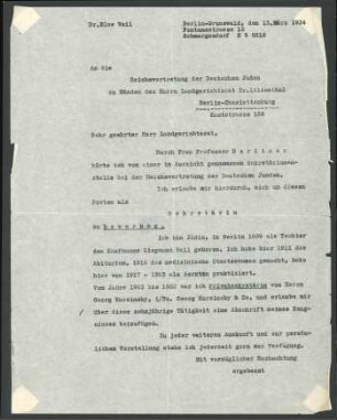 Bewerbung für Reichsvertretung der Deutschen Juden, Else Weil 1934