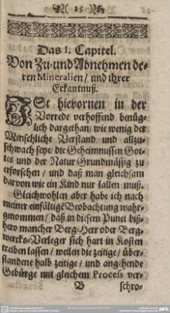 Das I. Capitel. Von Zu- und Abnehmen deren Mineralien/und ihrer Erkantnuß.
