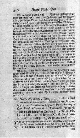 Rituum, qui olim apud Romanos obtinuerunt, succincta explicatio. Ed.XIII. - Acc.: Gesner, J.M.: Prolusio.