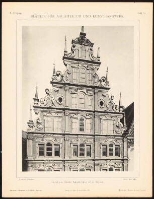 Haus Langenstraße, Bremen: Ansicht Giebel (aus: Blätter für Architektur und Kunsthandwerk, 10. Jg., 1897, Tafel 96)