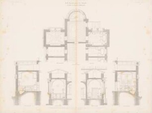 Solbadehaus I, Bad Oeynhausen: Grundriss, Schnitte Wannenbadehaus (aus: Atlas zur Zeitschrift für Bauwesen, hrsg. v. G. Erbkam, Jg. 8, 1858)