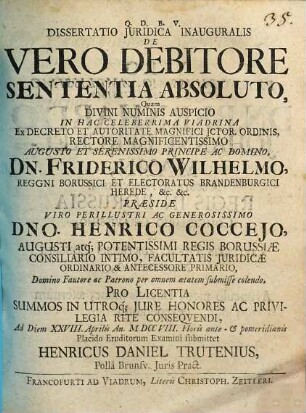 Dissertatio Juridica Inauguralis De Vero Debitore Sententia Absoluto