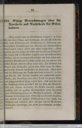 III. Einige Betrachtungen über die Vortheile und Nachtheile der Eisenbahnen