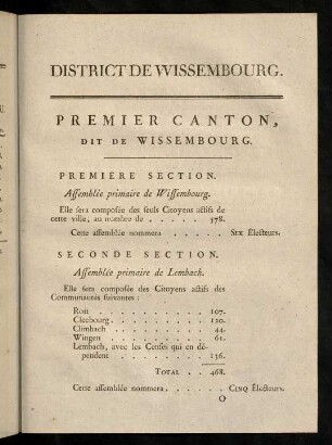 61-68, Premier Canton. Dit de Wissembourg. - Troisieme Canton, dit de Candel.