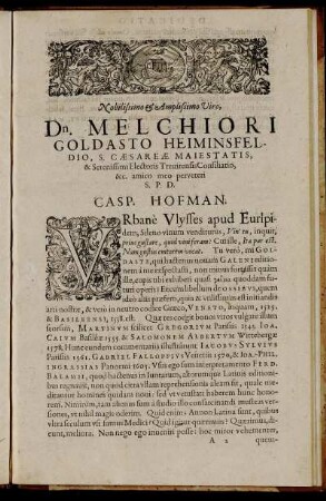 Nobilissimo & Amplissimo Viro Dn. Melchiori Goldasto Heiminsfeldio [...]