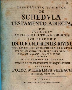 Diss. iur. de schedula testamento adiecta