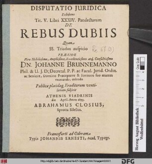 Disputatio Iuridica Exhibens Tit. V. Libri XXXIV. Pandectarum De Rebus Dubiis