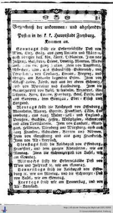 Verzeichniß der ankommen- und abgehenden Posten in der k.k. Hauptstadt Freyburg