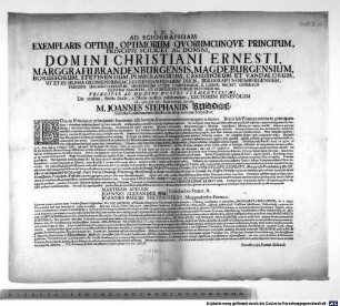 Ad Sciographiam Exemplaris Optimi, Optimorum Quorumcunque Principum, Principis Scilicet Ac Domini, Domini Christiani Ernesti, Marggrafii Brandenburgensis ... Principis Ac Domini Nostri Clementissimi, Die crastini, finitis sacris, a Musis nostris exhibendam, Lectorem Benevolum ea, qua par est, humanitate invitat M. Joannes Stephanus Rudolf Scholae Culmbacensis Rector & Alumnorum Inspector ... : P.P. Culmbaci, D. Fest. Ascensionis Christi, Anno MDCXXCIV.