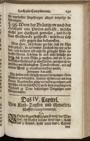 Das IV. Capitel. Von Kind-Tauffen und Gevatterschaffts-Complimenten.