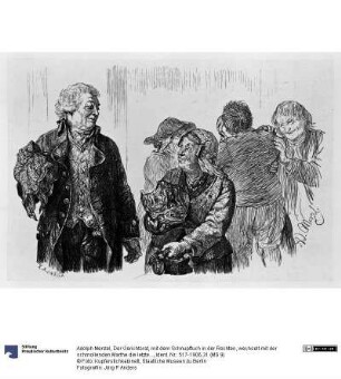 Der Gerichtsrat, mit dem Schnupftuch in der Rechten, wechselt mit der schmollenden Marthe die letzten Worte. Hinter Marthe tauschen Eve und Ruprecht den Versöhnungskuss, zu Heinrich von Kleist "Der Zerbrochene Krug"