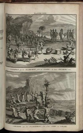 Planche LXXXI. : N. 1. Sacrifice que les Floridiens font au Soleil, de leurs Premiers nez ; N. 2. Ofrande que les Floridiens font d'un Cerf au Soleil