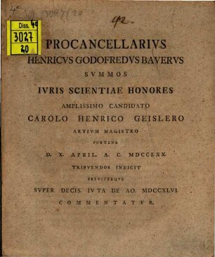 Super decis[ione] IVta de a[nn]o MDCCXLVI commentatur