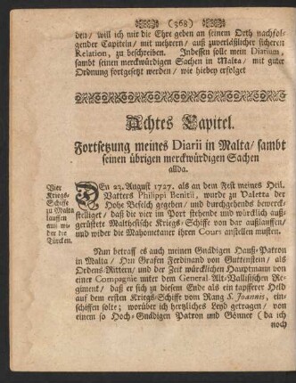 Achtes Capitel. Fortsetzung meines Diarii in Malta ...