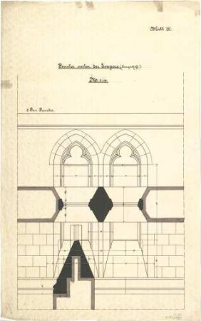 Schmidt, Heinrich von; Kaiserslautern; Marienkirche - Langschiff, Fenster unter der Empore (Aufriss m. Schnitt)