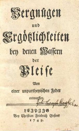Vergnügen und Ergötzlichkeiten bey denen Wassern der Pleise