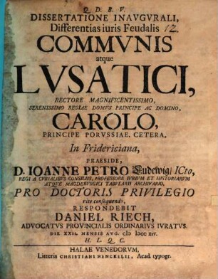 Dissertatione Inavgvrali, Differentias iuris Feudalis Commvnis atque Lvsatici