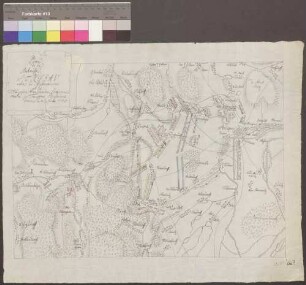 Striegau; "Plan de la Bataille de Striegau"; D.C. Michal; ohne Maßstab; 46 x 31,5 cm; Kartenrand: Striegau-Schweinitz; Romstock-Langenpetersdorf; Berching; Freyburg; Papier; Federzeichnung mit Schraffen; Wälder besonders hervorgehoben; Truppenstellungen mit Regimentsnamen.