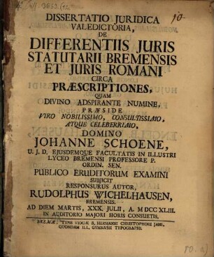 De differentiis iuris statutarii Bremensis et iuris Romani circa praescriptiones