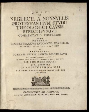 De Neglecti A Nonnullis Protestantium Studii Theologici Causis Effectibusque : Commentatio Posterior