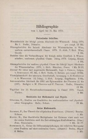 Bibliographie vom 1. April bis 31. Mai 1879.