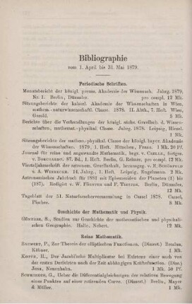 Bibliographie vom 1. April bis 31. Mai 1879.