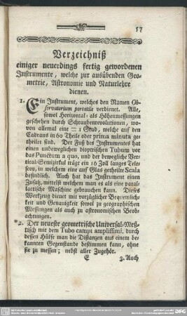 Verzeichniß einiger neuerdings fertig gewordenen Instrumente, welche zur ausübenden Geometrie, Astronomie und Naturlehre dienen